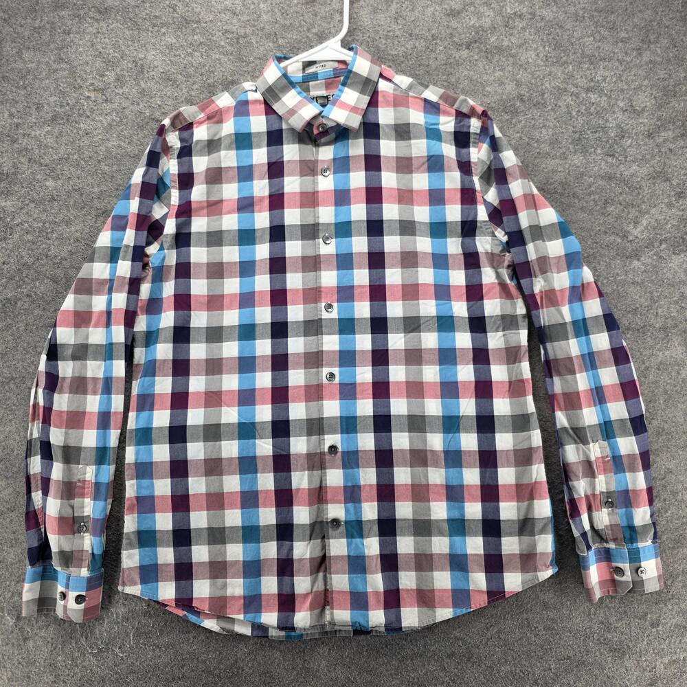 Express Dress Shirt Mens L 16-16.5 Multicolor Plaid Slim Fit Button Front
